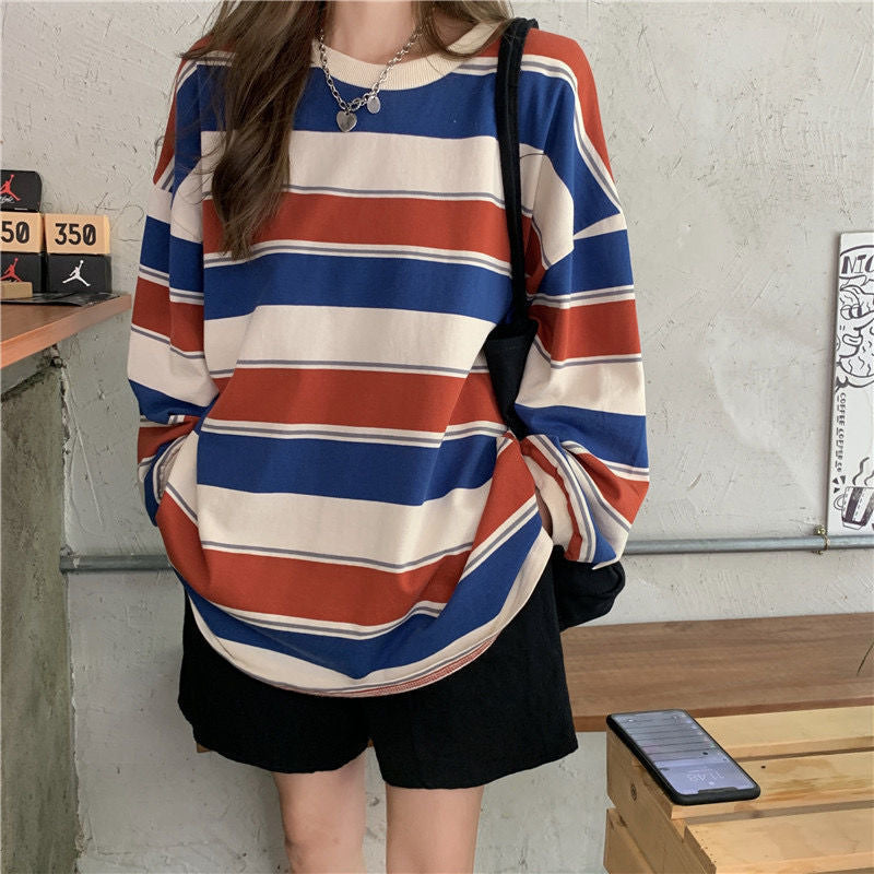 Casual Loose Stripe Long Sleeve T-Shirt Women Fashion Student Basic Top
