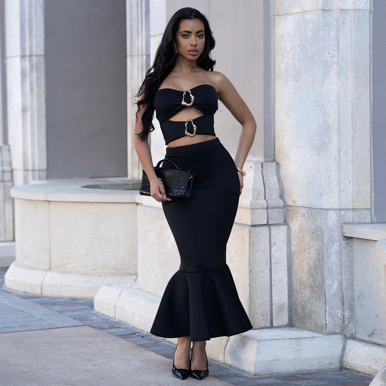 Fashion Women's Sexy Strapless Top with Lace Trim Bodycon Skirt Set