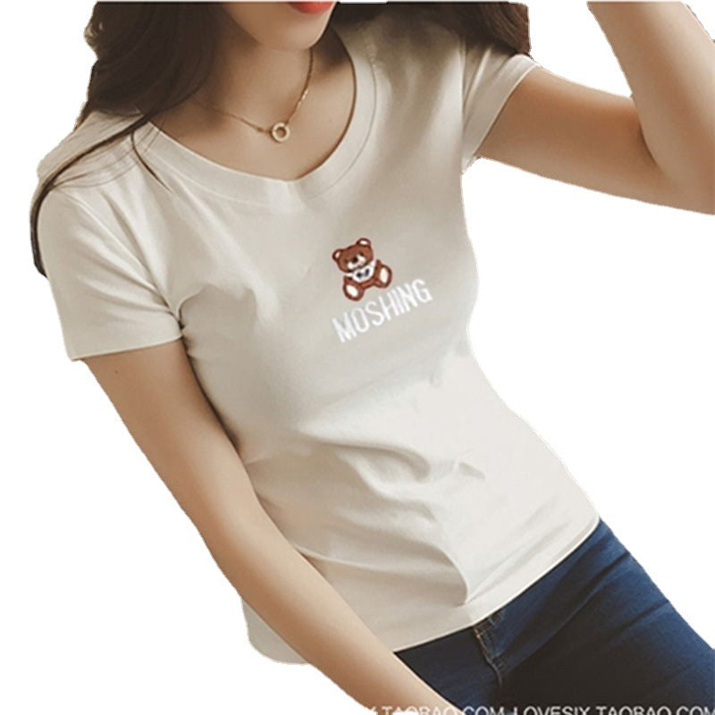 Casual Round Neck Fitted Short Sleeve T-Shirt with Embroidery for Women