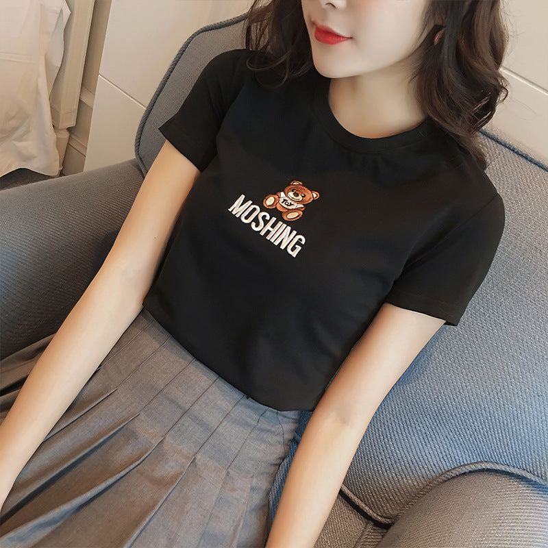 Casual Round Neck Fitted Short Sleeve T-Shirt with Embroidery for Women