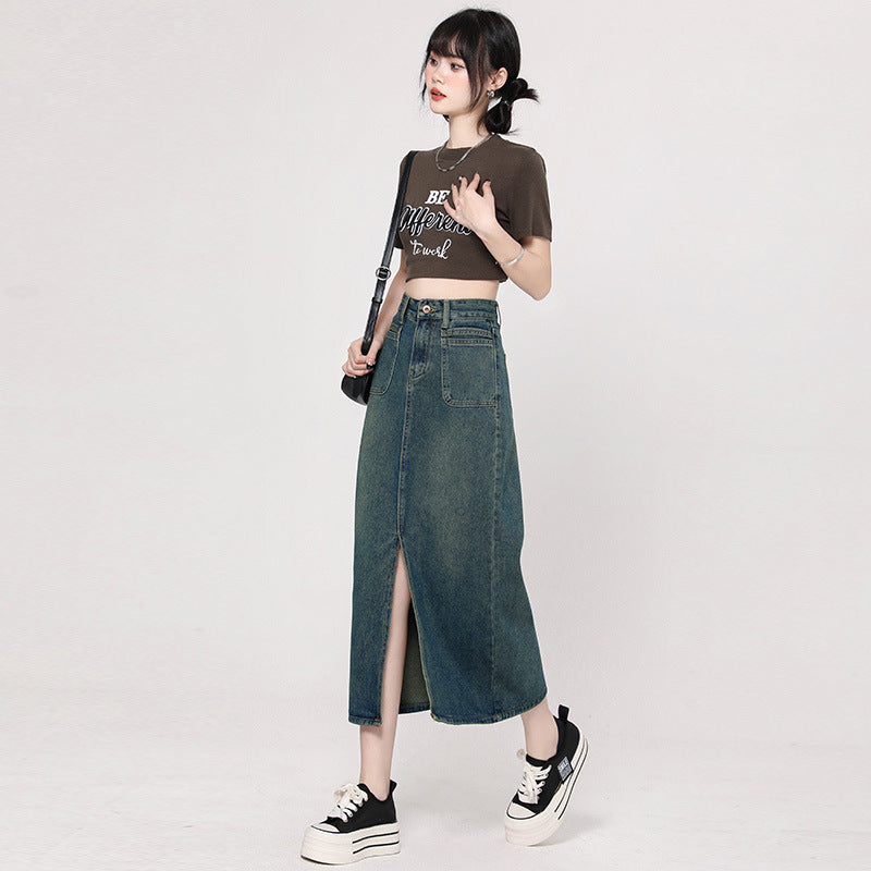 Fall New Double Pocket Slit Denim Skirt for Women High Waist Long Loose Slim Fit Drape Straight Midi Skirt