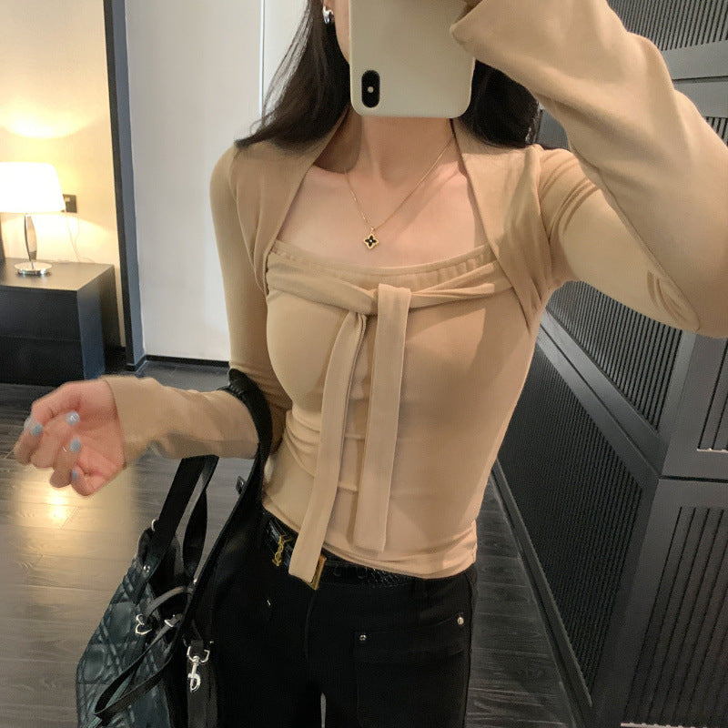 Design Sense Tie-Neck Square Collar Crop Top T-Shirt for Women