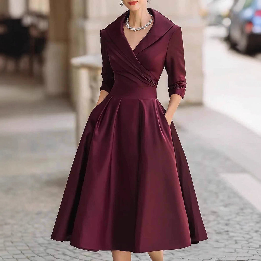 Elegant Satin Long Sleeve Belted Dress for Spring and Autumn