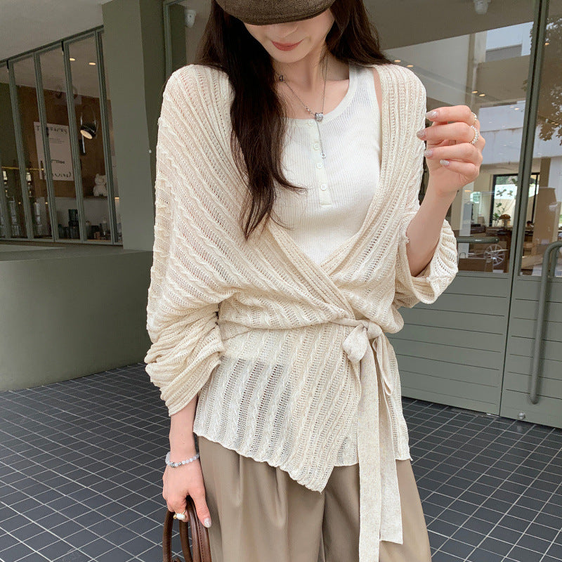 Loose Lazy Atmosphere Outfit Apricot Long Sleeve Knit Cardigan Coat for Women