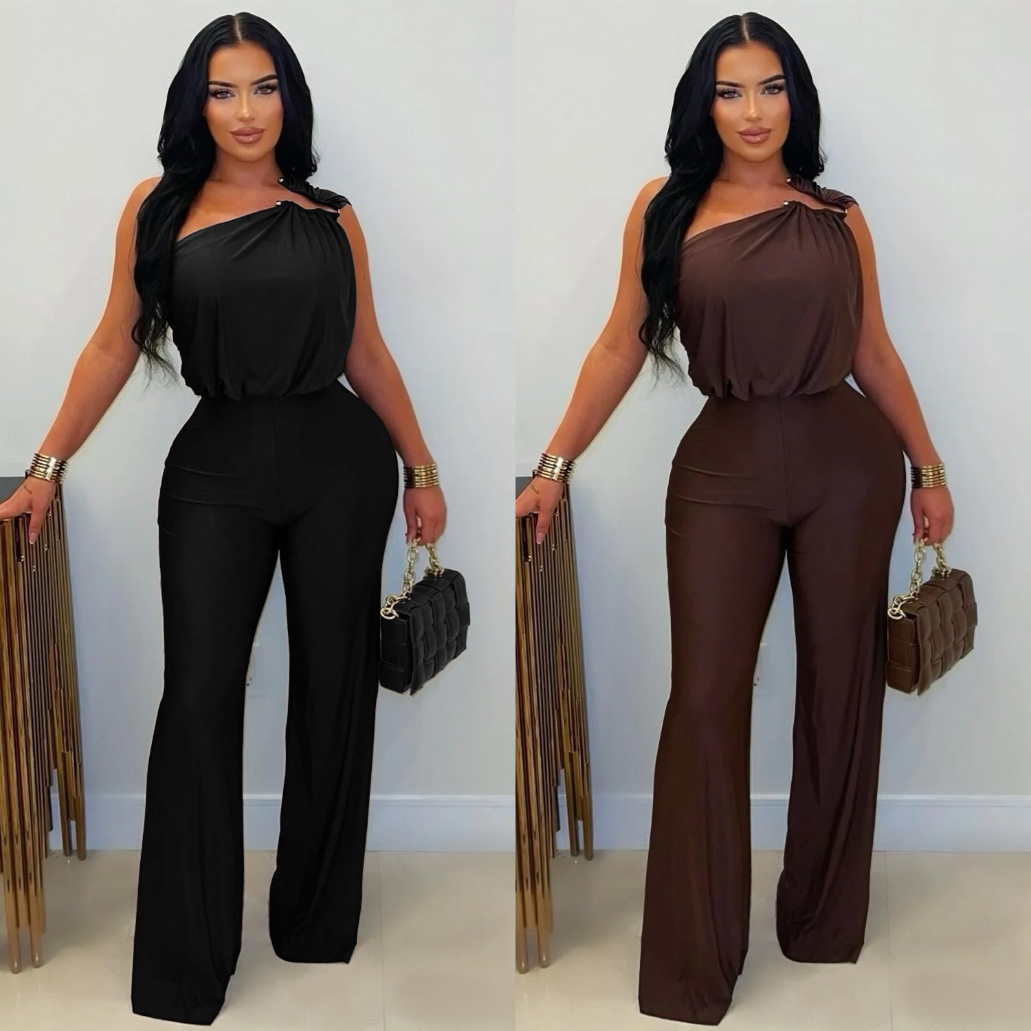 Fashion Women's Casual Off-Shoulder Sleeveless Bodycon Wide-Leg Jumpsuit