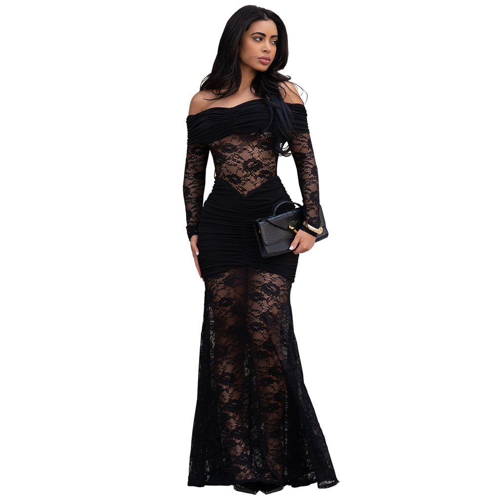 Fashion Women's Sexy One-Shoulder Lace Bodycon Dress