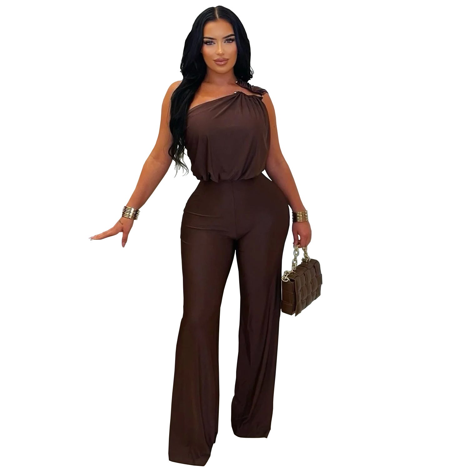 Fashion Women's Casual Off-Shoulder Sleeveless Bodycon Wide-Leg Jumpsuit