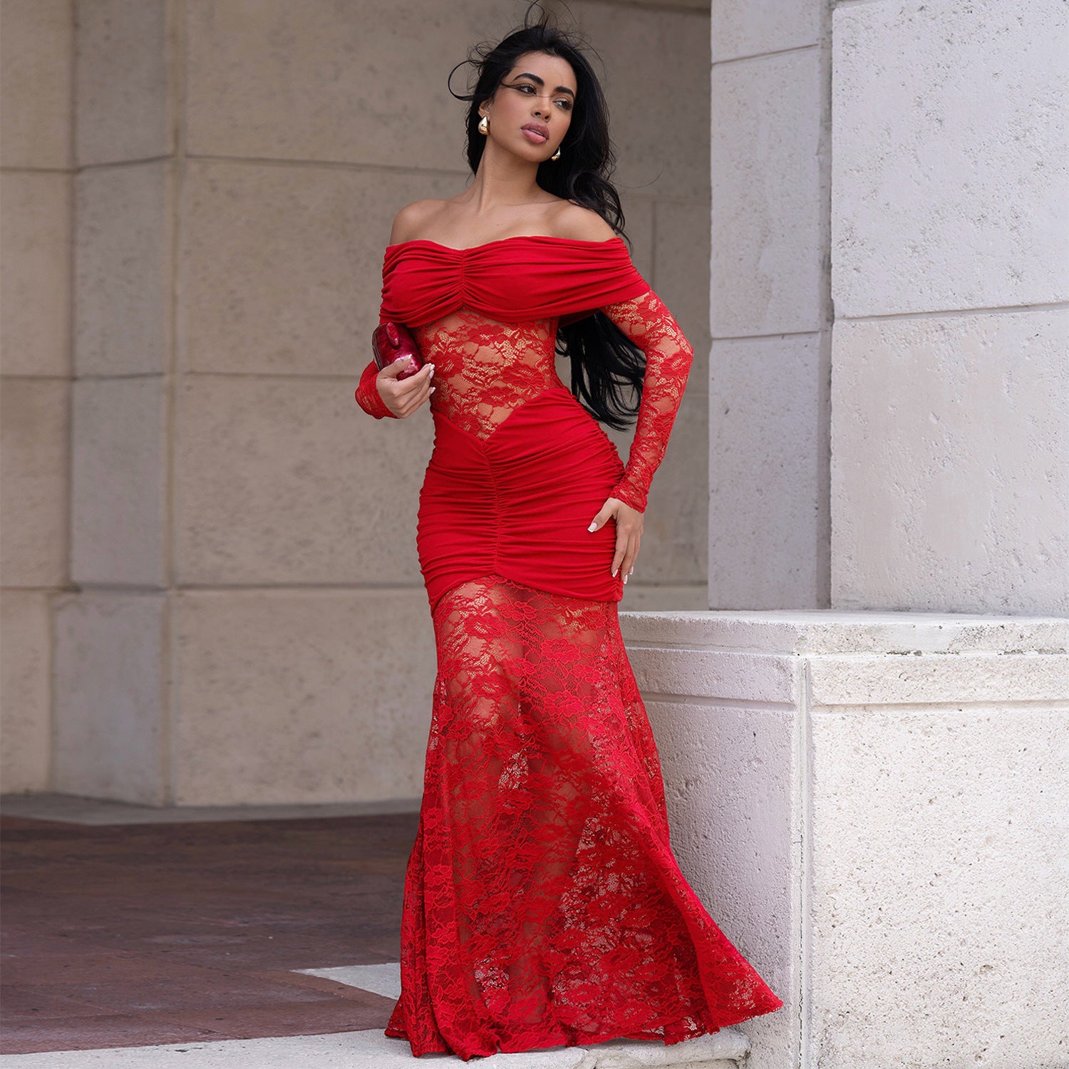 Fashion Women's Sexy One-Shoulder Lace Bodycon Dress