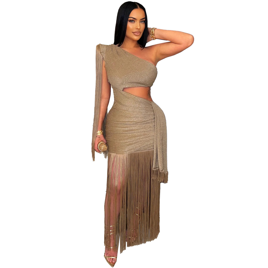 Asymmetric Fringe One-Shoulder Long Dress