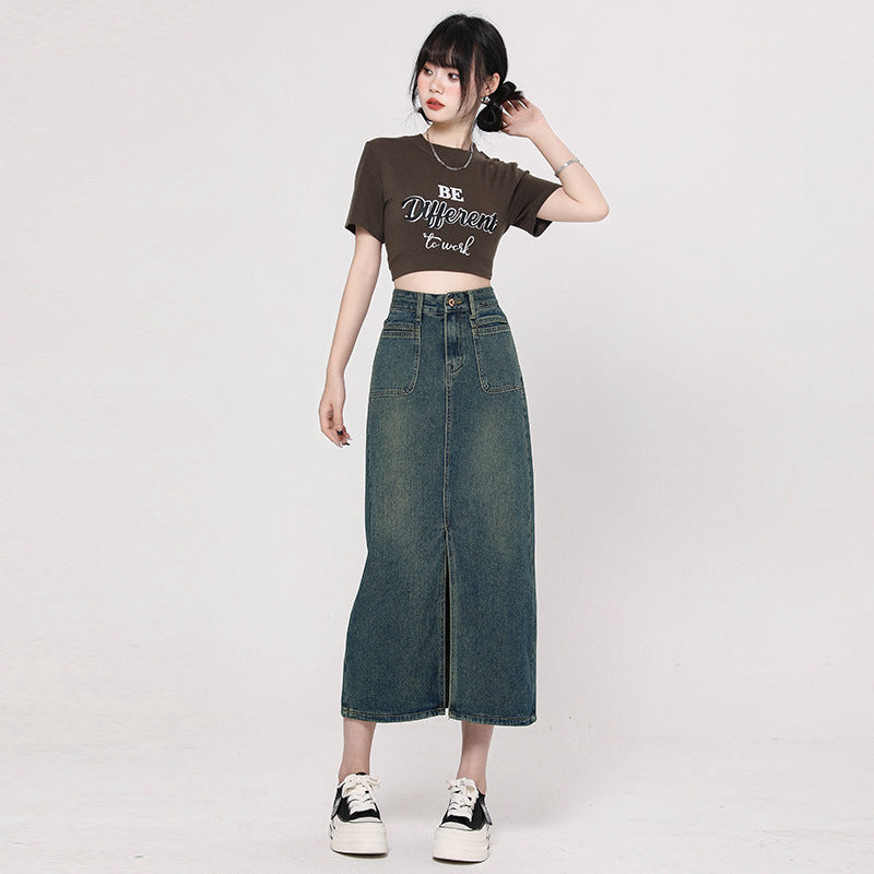 Fall New Double Pocket Slit Denim Skirt for Women High Waist Long Loose Slim Fit Drape Straight Midi Skirt