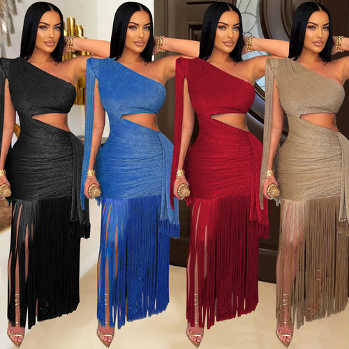 Asymmetric Fringe One-Shoulder Long Dress
