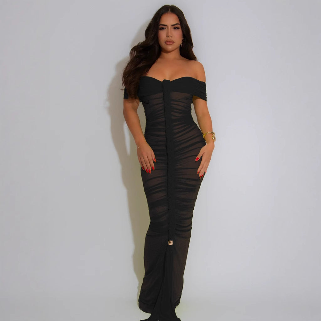 Style Sheer Mesh Sleeveless Ruched Extra Long Dress