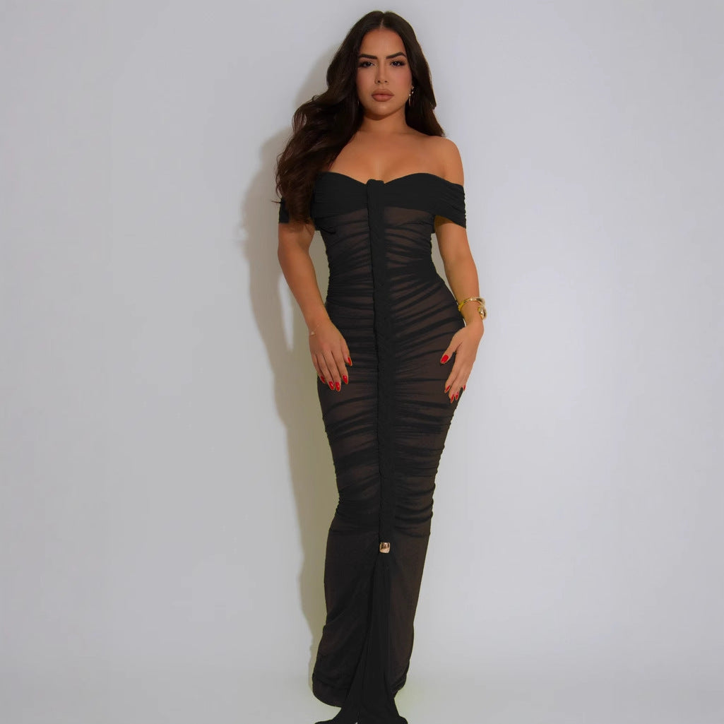 Style Sheer Mesh Sleeveless Ruched Extra Long Dress