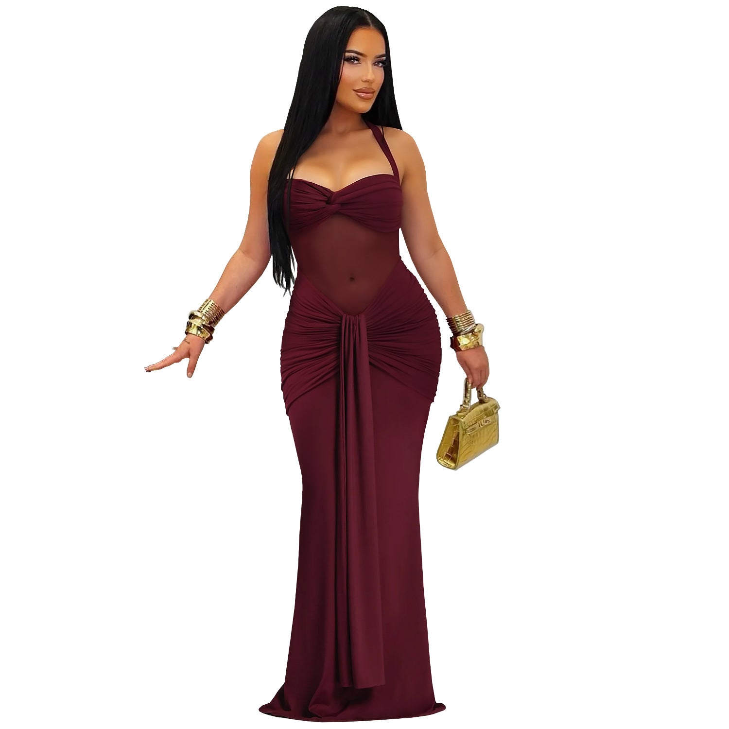 Fashion Women's Sexy Sheer Mesh Halter Tie-Back Dress