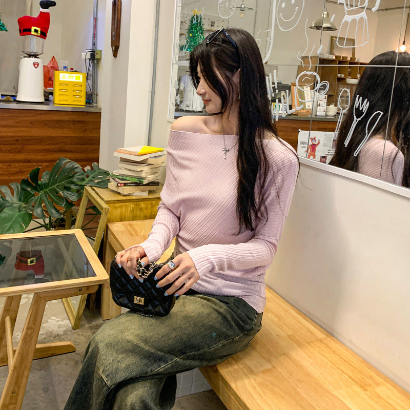 Soft and Elegant High-Knowledge Style Pink One-Shoulder Knit Top