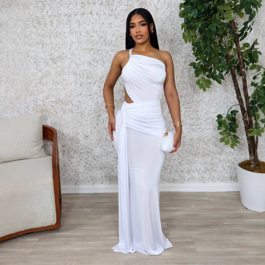 Style Women's Fashion Solid Color Long Dress Single Shoulder Pleated Dress