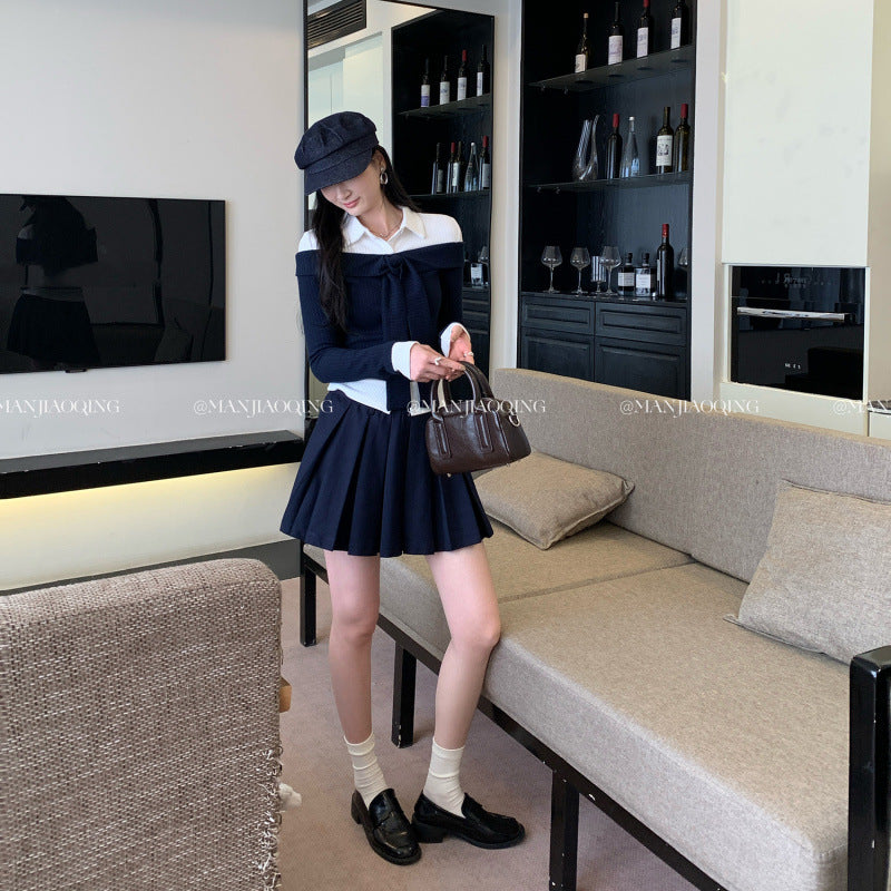 Design Sense Color-Blocking Patchwork False Two-Piece Turn-Down Collar Knit Top