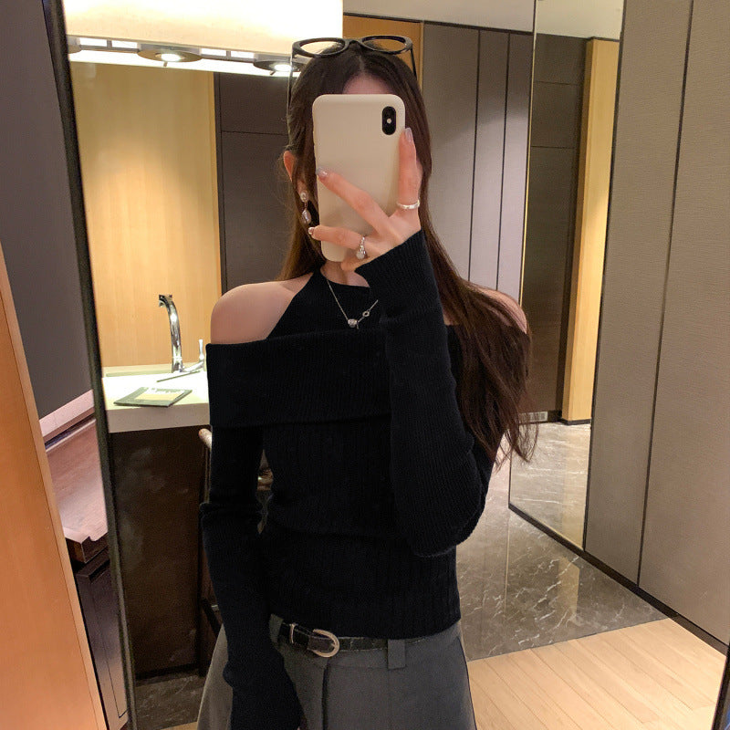 One-Shoulder Sleeveless Long Sleeve Knit Top for Women, Elegant and Slim-Fitting