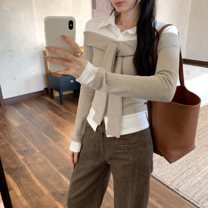 Design Sense Color-Blocking Patchwork False Two-Piece Turn-Down Collar Knit Top