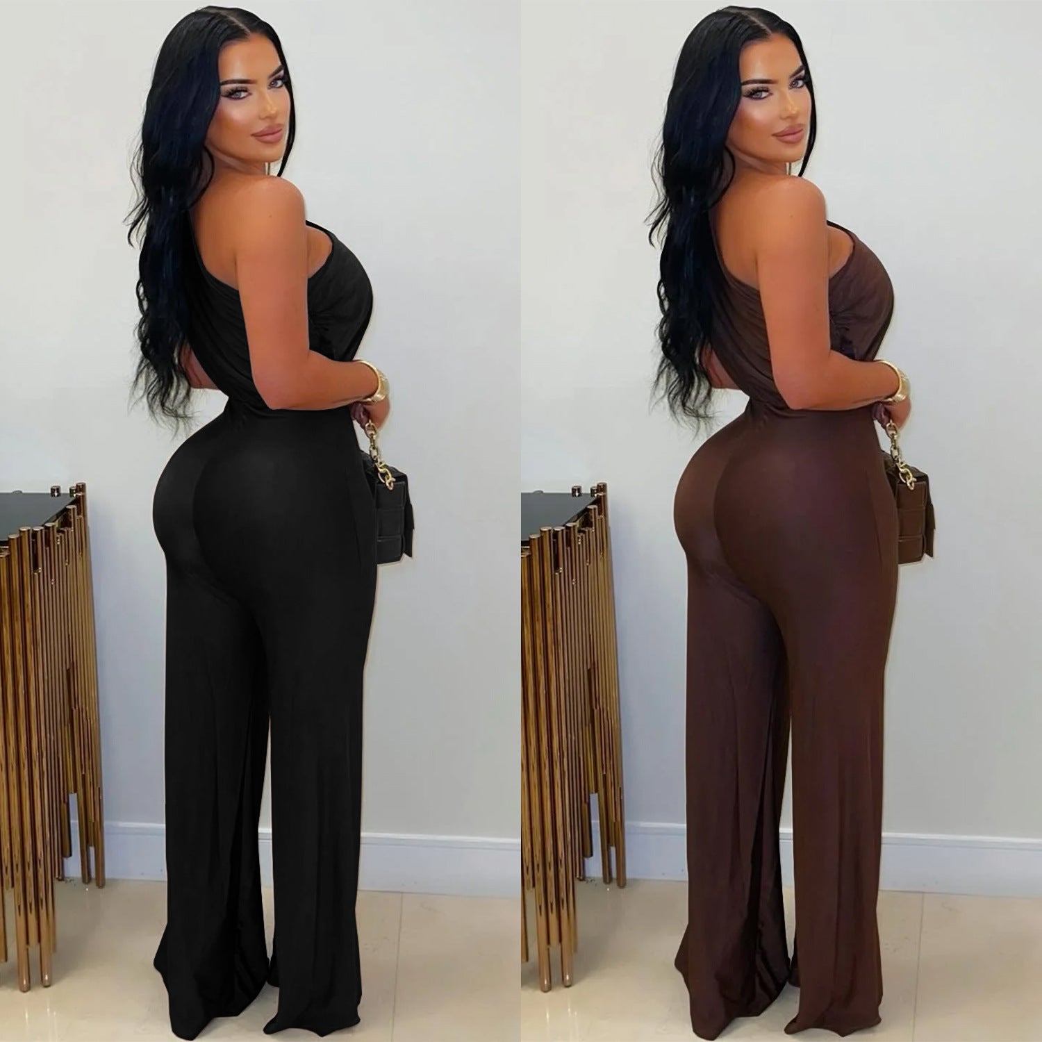 Fashion Women's Casual Off-Shoulder Sleeveless Bodycon Wide-Leg Jumpsuit