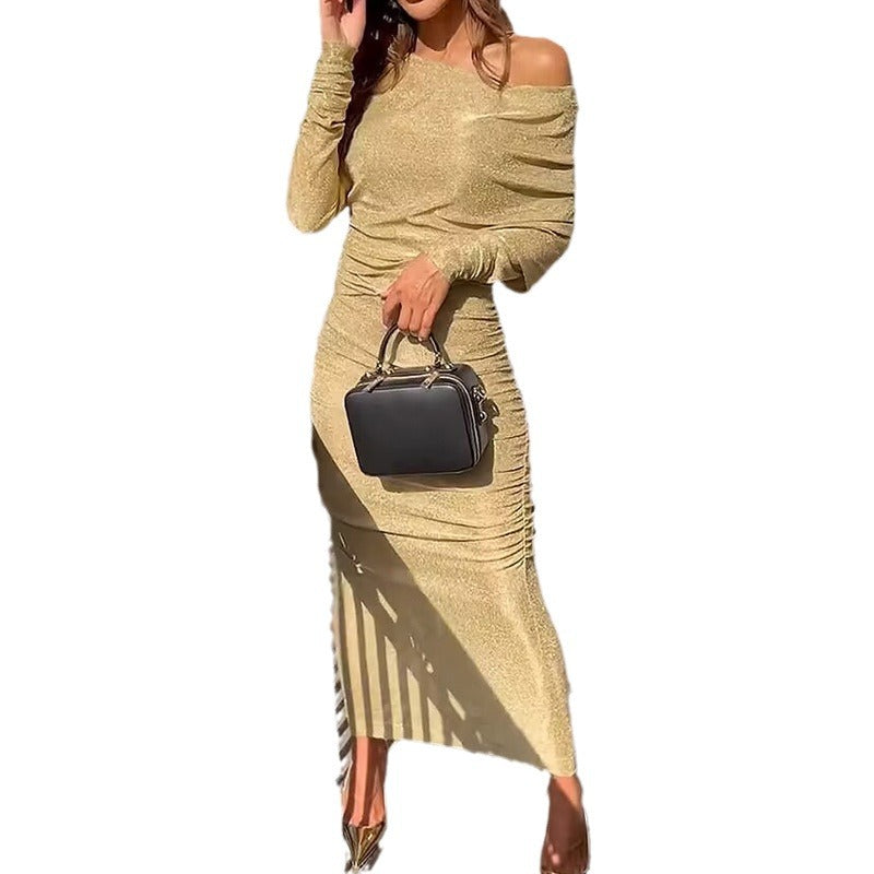 One-shoulder Split Dress with Off-Shoulder Design for Evening Wear and Party Occasions