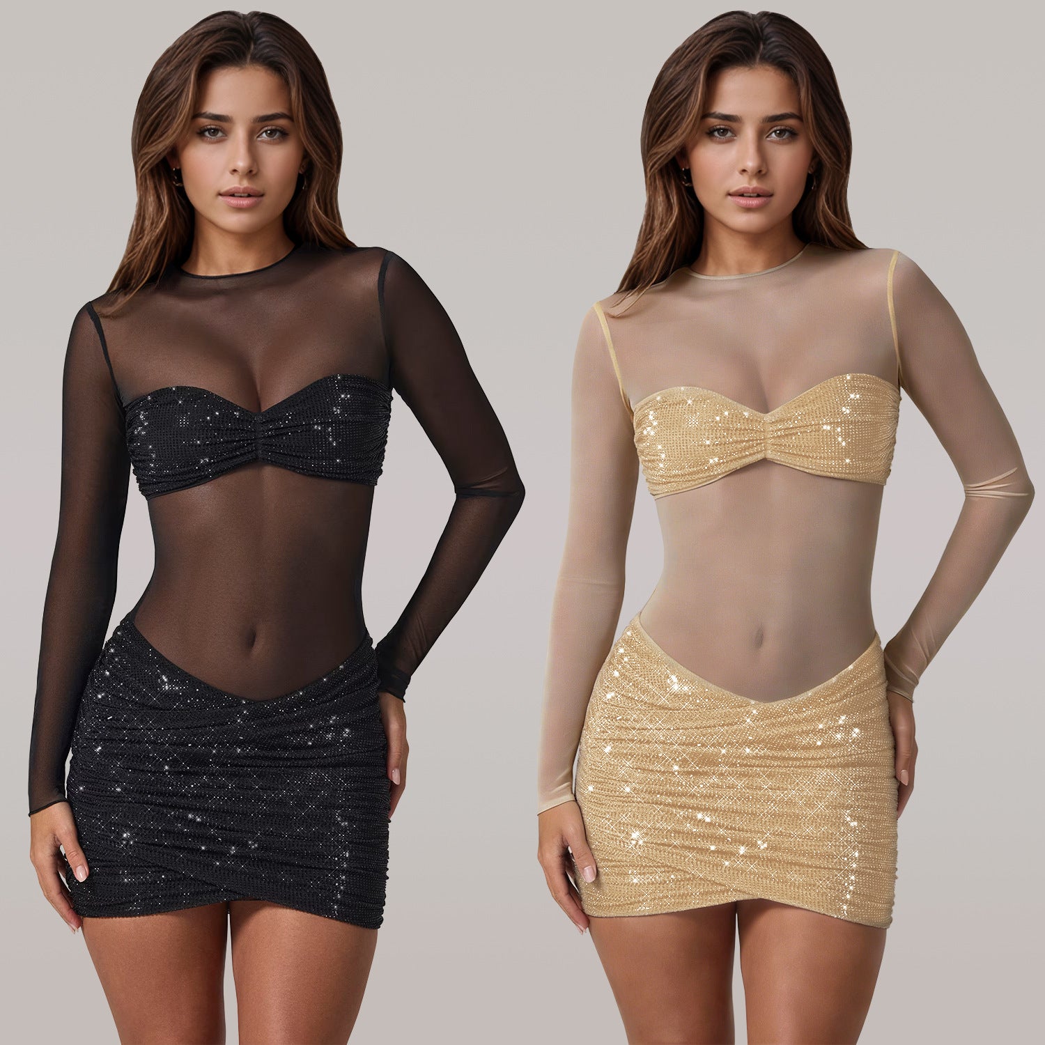 Fashion Women's Sexy Sheer Mesh Rhinestone Dress Mini Skirt