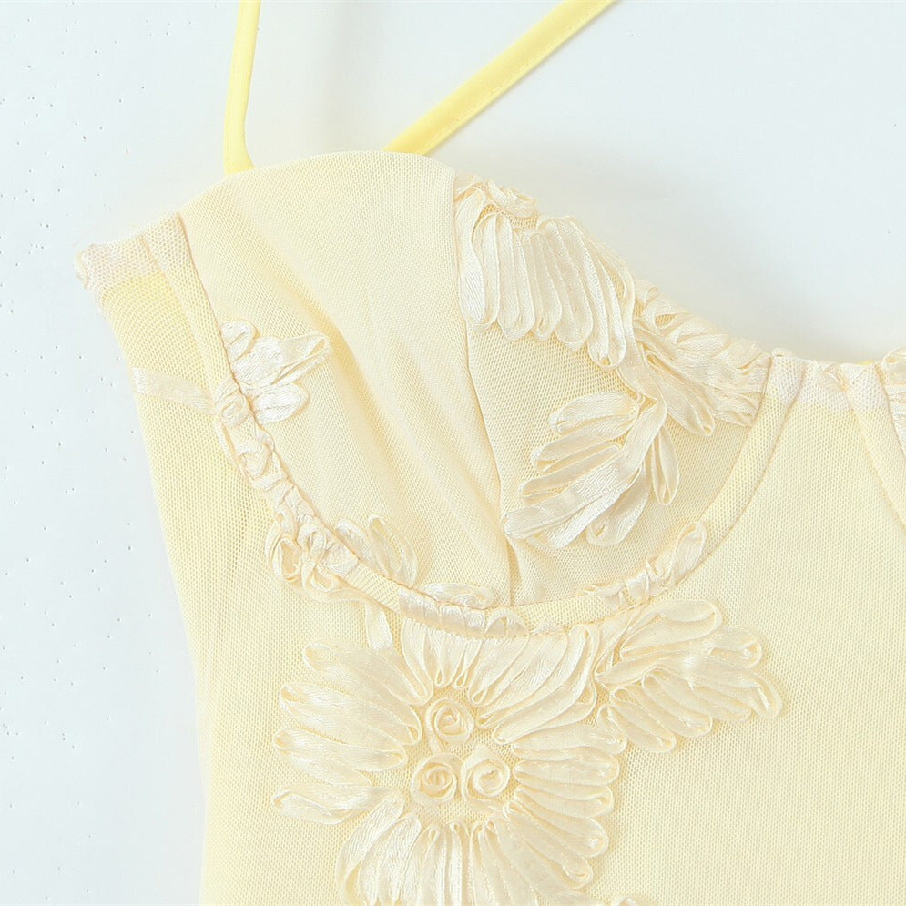 Sensual Fitted Dress with 3D Floral Bustier and Corset Design for Women