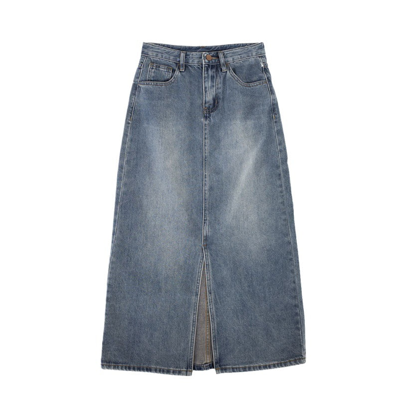 Chic Design Fitted Midi Skirt with High Waist Side Split Vintage Style Denim Skirt for Women