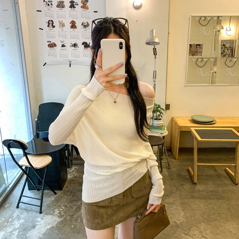 Soft and Elegant High-Knowledge Style Pink One-Shoulder Knit Top