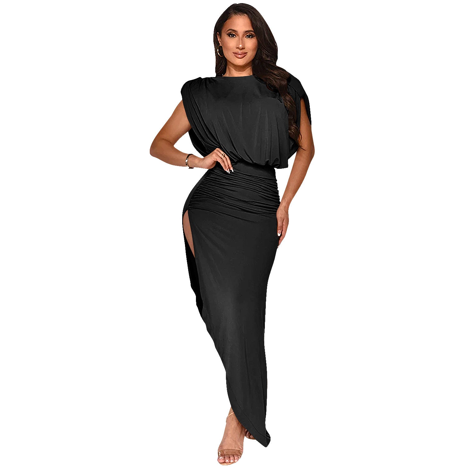 Fashion Solid Color Women's Round Neck Sleeveless Pleated Asymmetrical Slit Long Dress