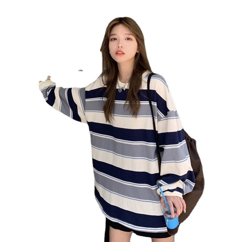 Casual Loose Stripe Long Sleeve T-Shirt Women Fashion Student Basic Top