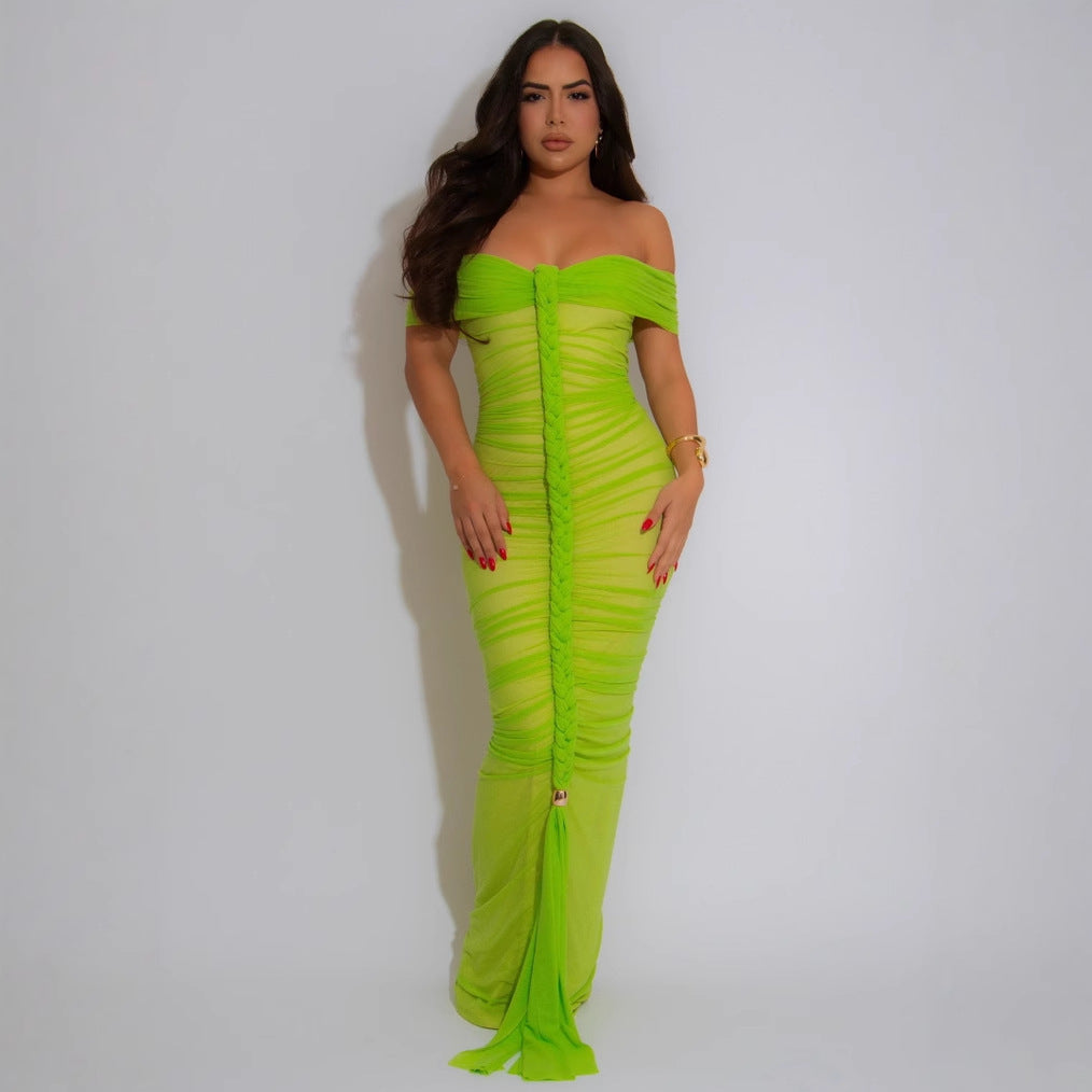 Style Sheer Mesh Sleeveless Ruched Extra Long Dress