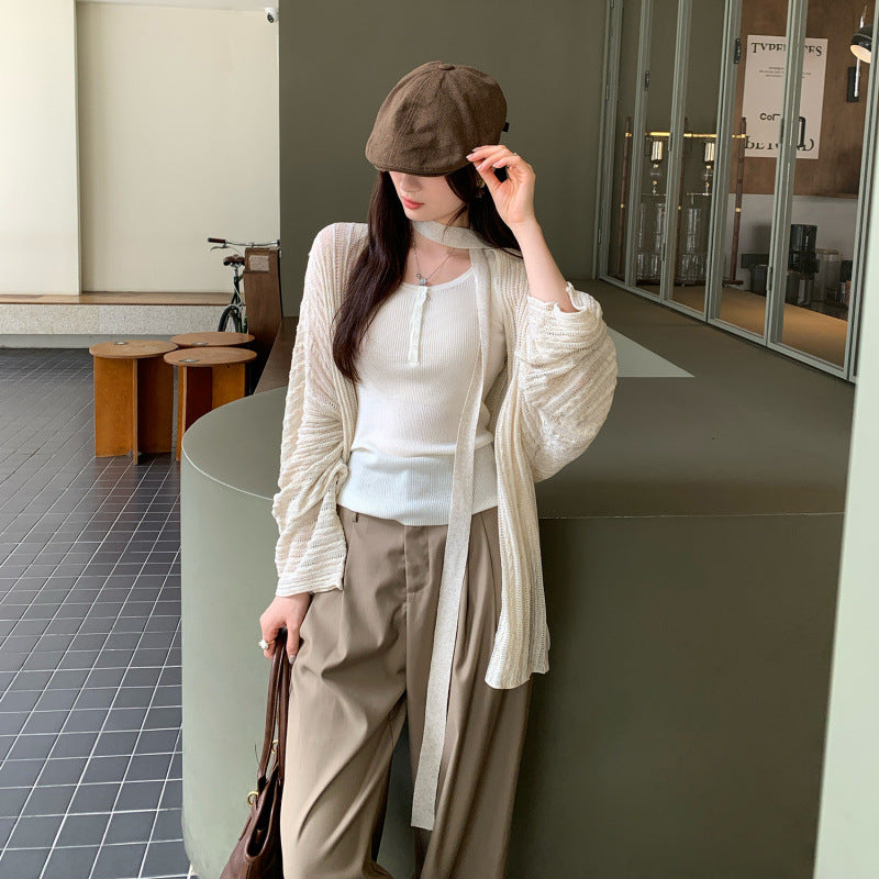 Loose Lazy Atmosphere Outfit Apricot Long Sleeve Knit Cardigan Coat for Women