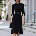 Elegant 3/4 Sleeve Split Midi Dress with Belt