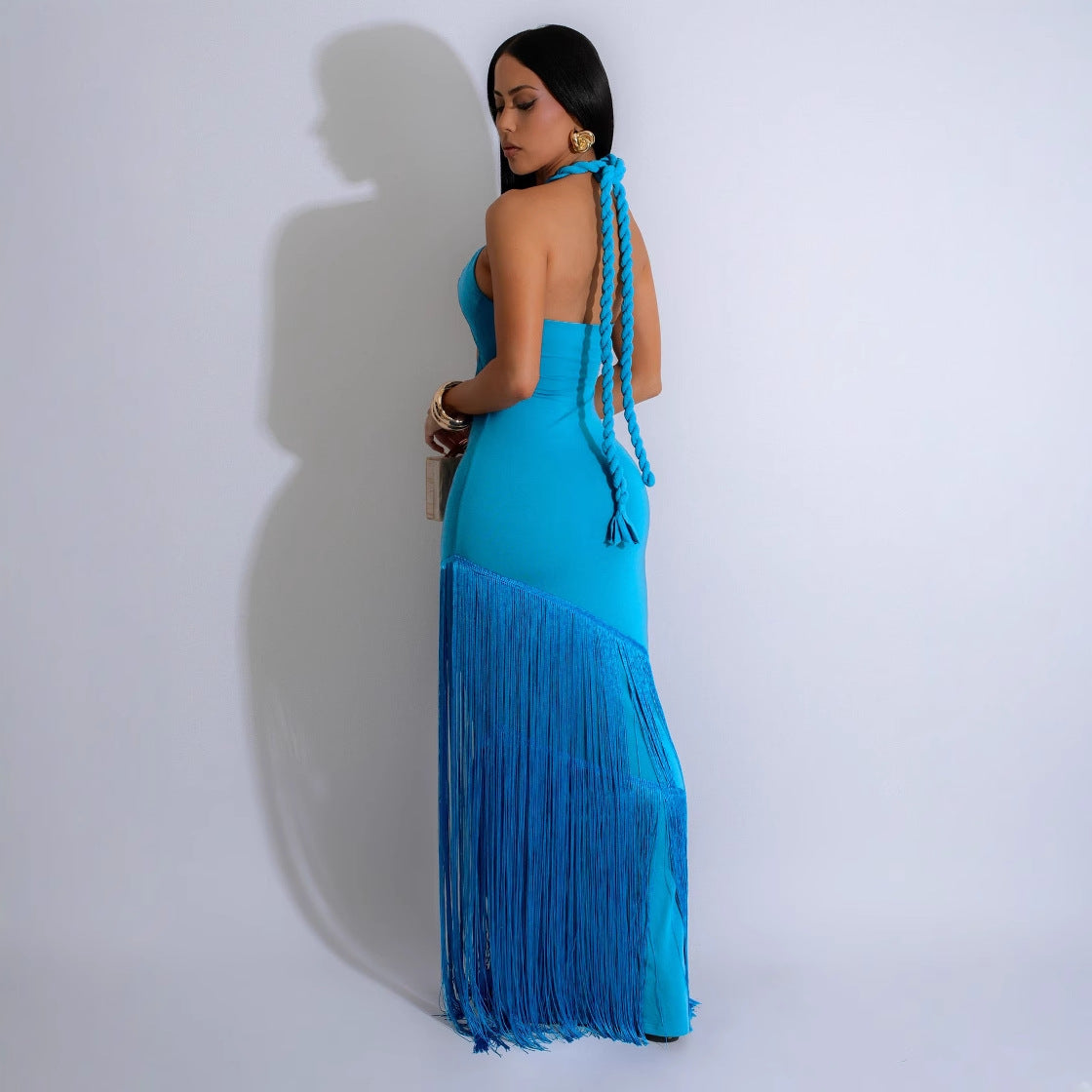 Women's Hollow-Out Design Sleeveless Halter Bodycon Fringe Long Dress