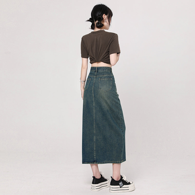 Fall New Double Pocket Slit Denim Skirt for Women High Waist Long Loose Slim Fit Drape Straight Midi Skirt