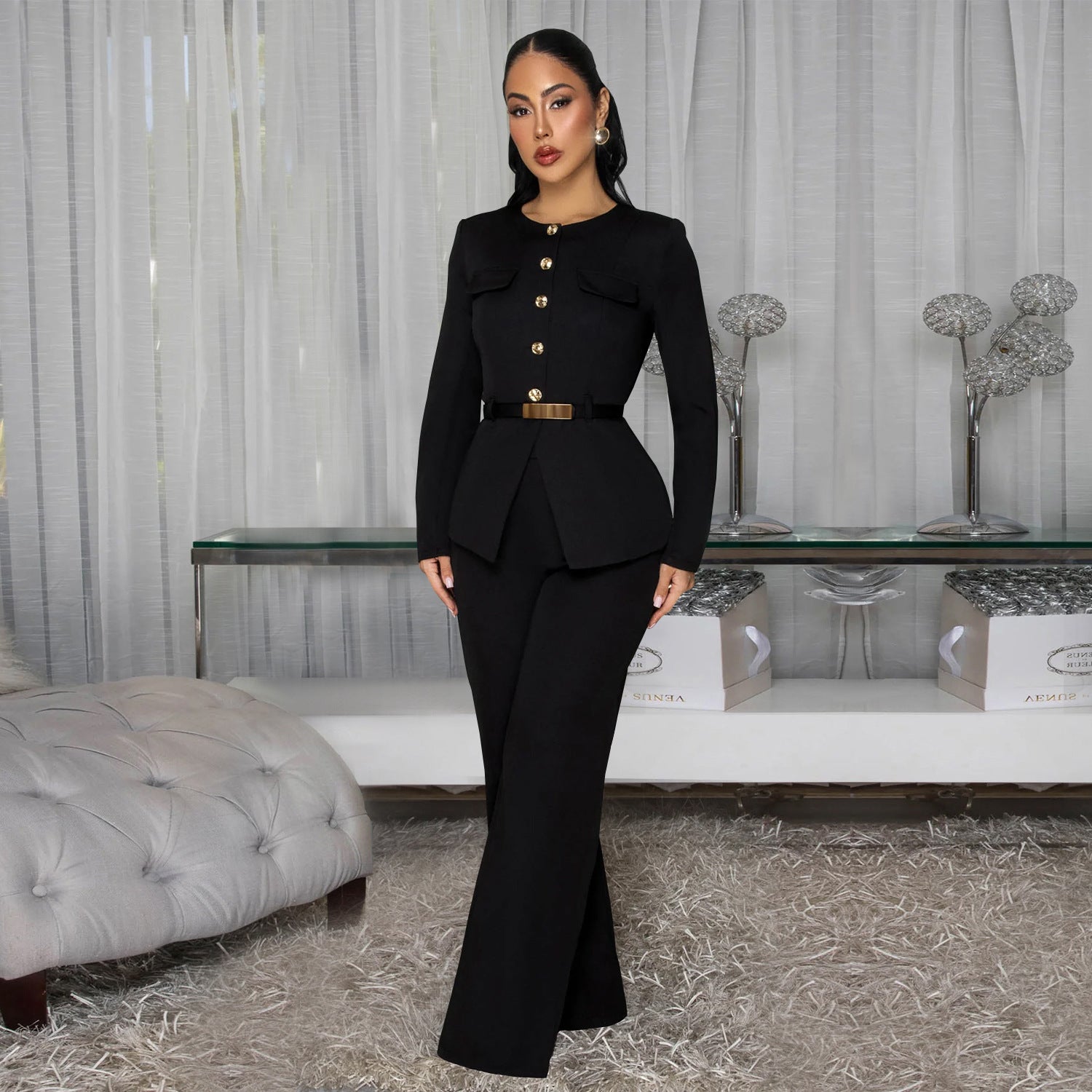 Fashionable Women's Slimming Belted Top and Pants Set