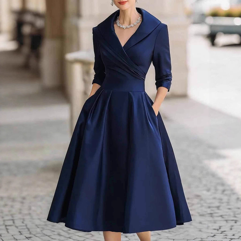 Elegant Satin Long Sleeve Belted Dress for Spring and Autumn