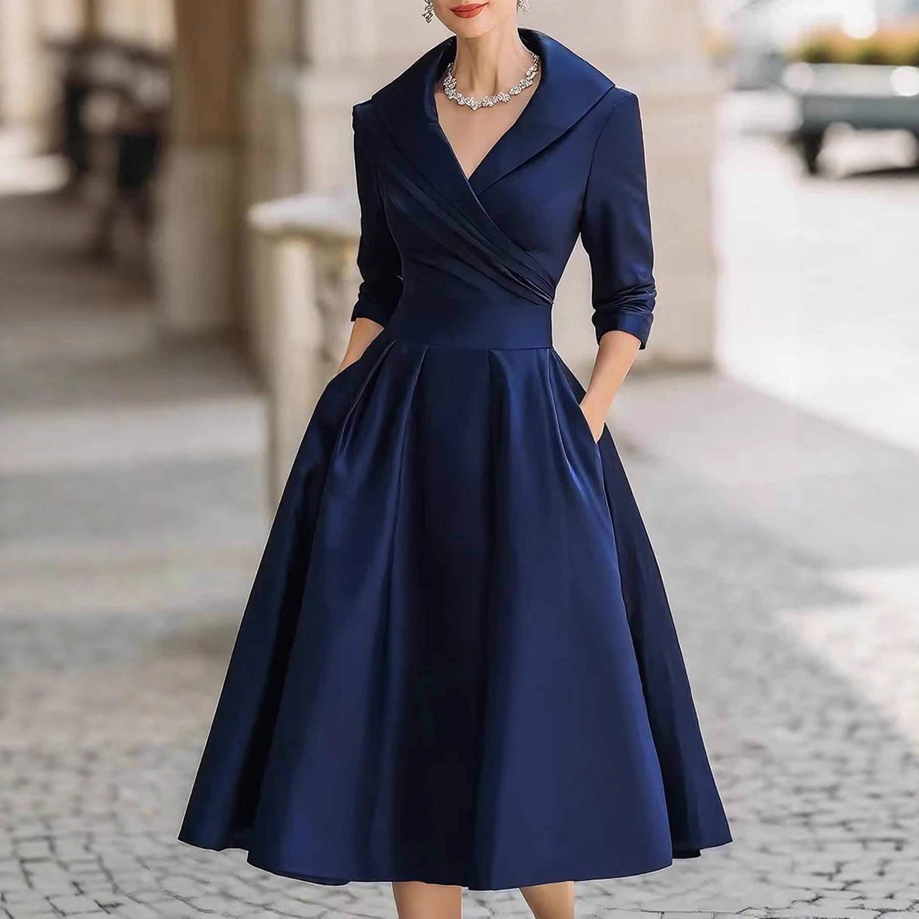 Elegant Satin Long Sleeve Belted Dress for Spring and Autumn
