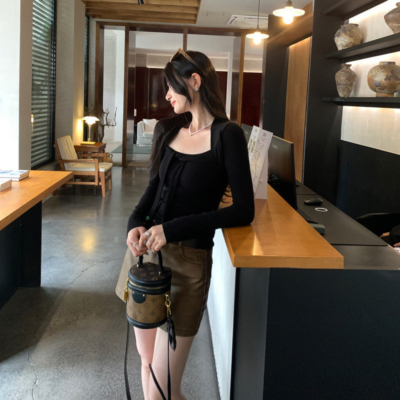 Design Sense Tie-Neck Square Collar Crop Top T-Shirt for Women