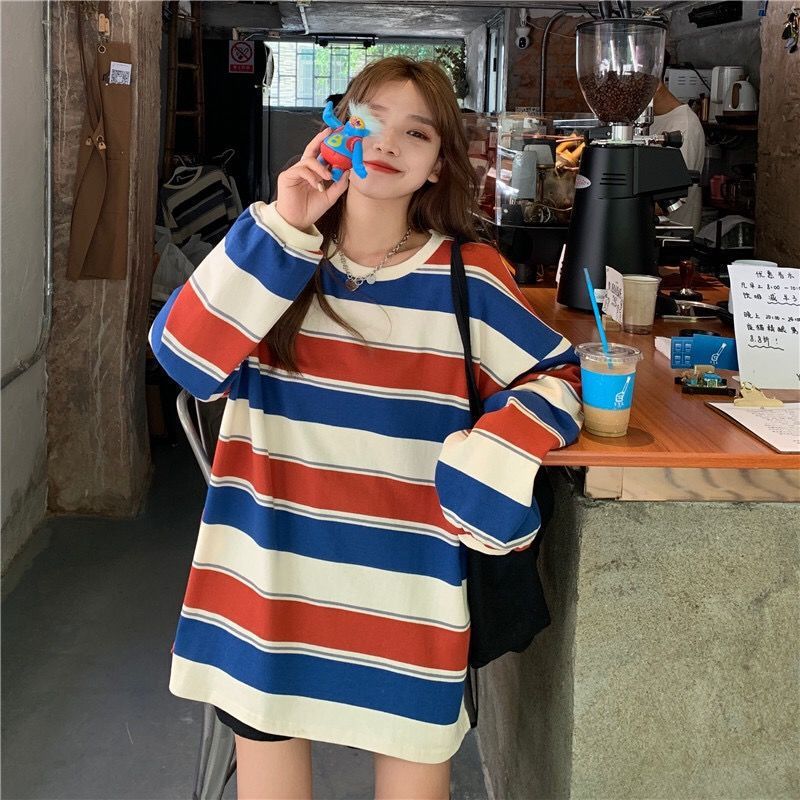 Casual Loose Stripe Long Sleeve T-Shirt Women Fashion Student Basic Top