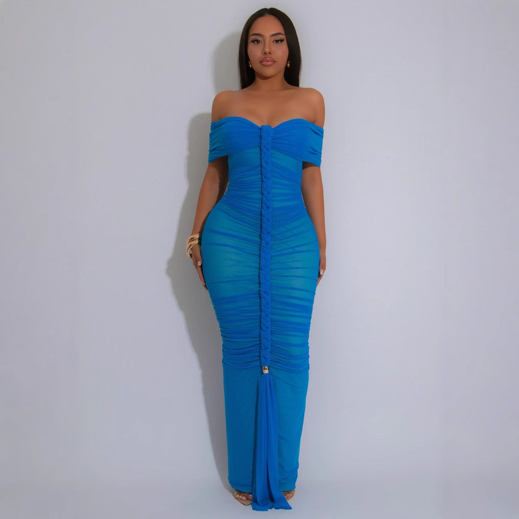 Style Sheer Mesh Sleeveless Ruched Extra Long Dress