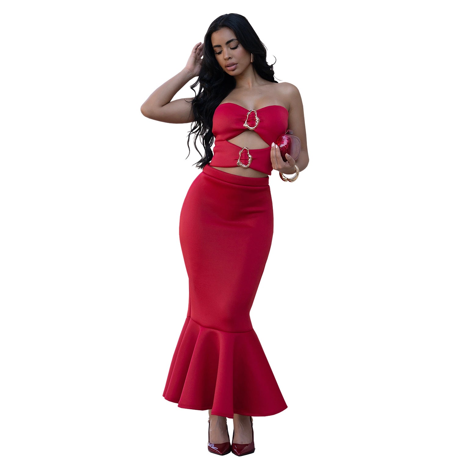 Fashion Women's Sexy Strapless Top with Lace Trim Bodycon Skirt Set