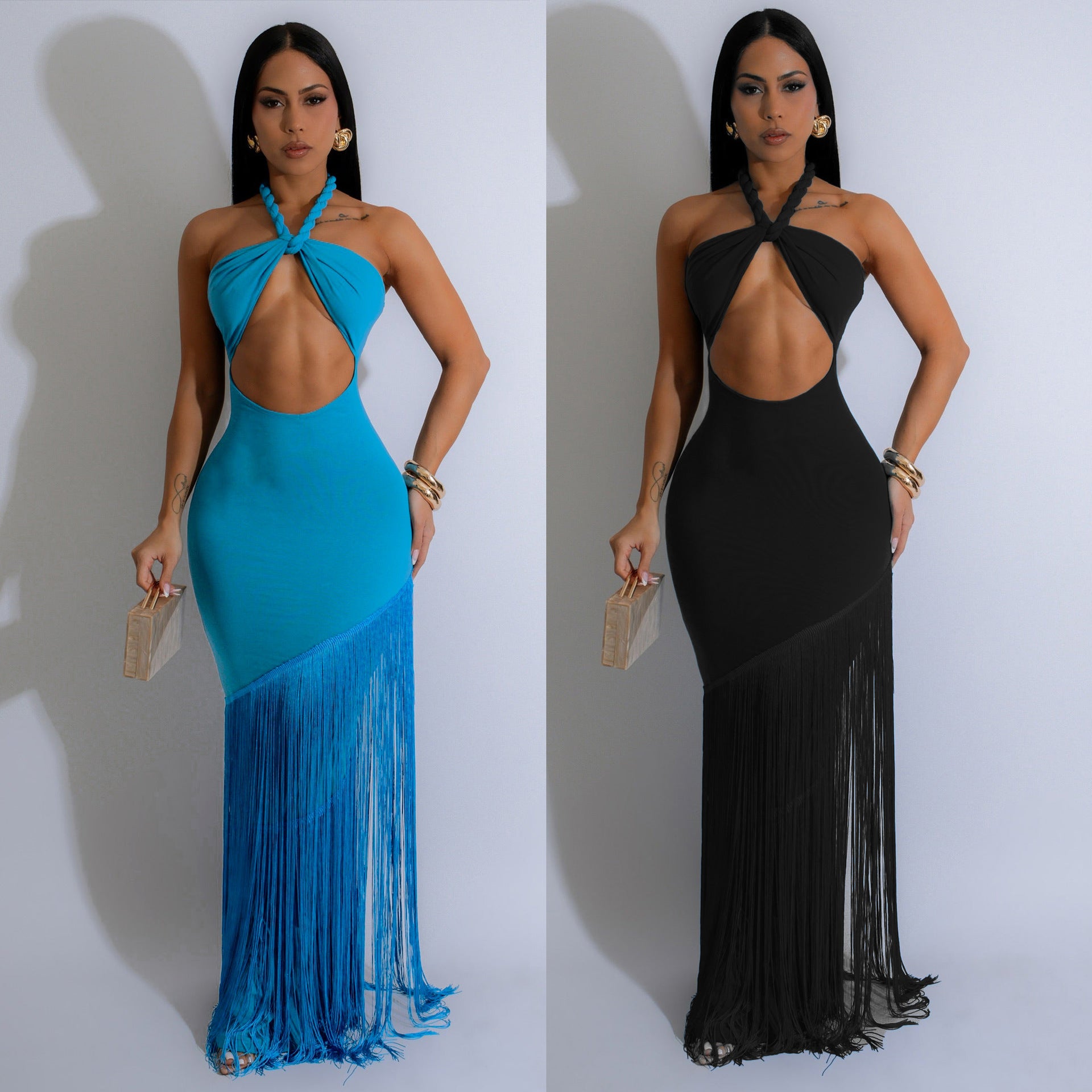Women's Hollow-Out Design Sleeveless Halter Bodycon Fringe Long Dress