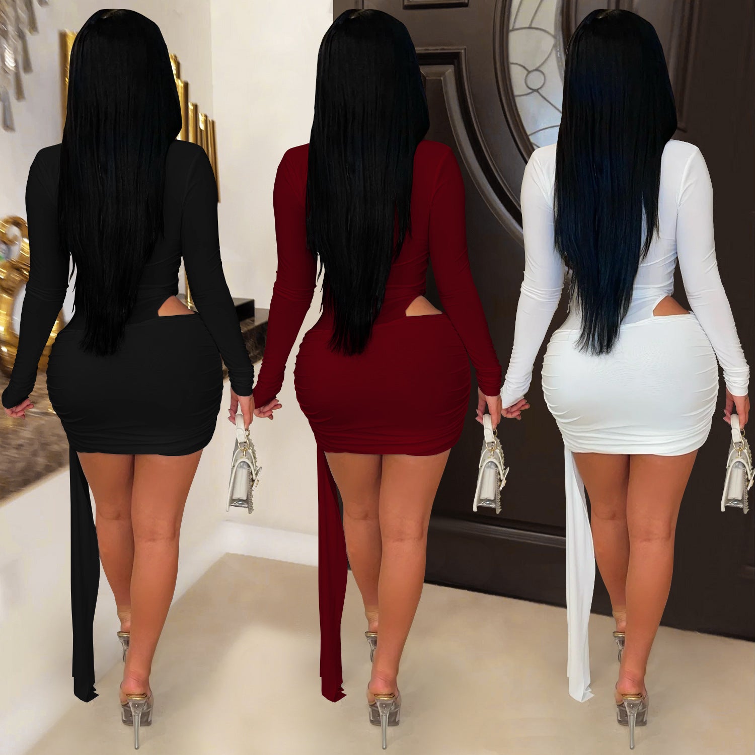 Fashion Women's Sexy Deep V Neck Solid Color Ribbon Dress Mini Dress