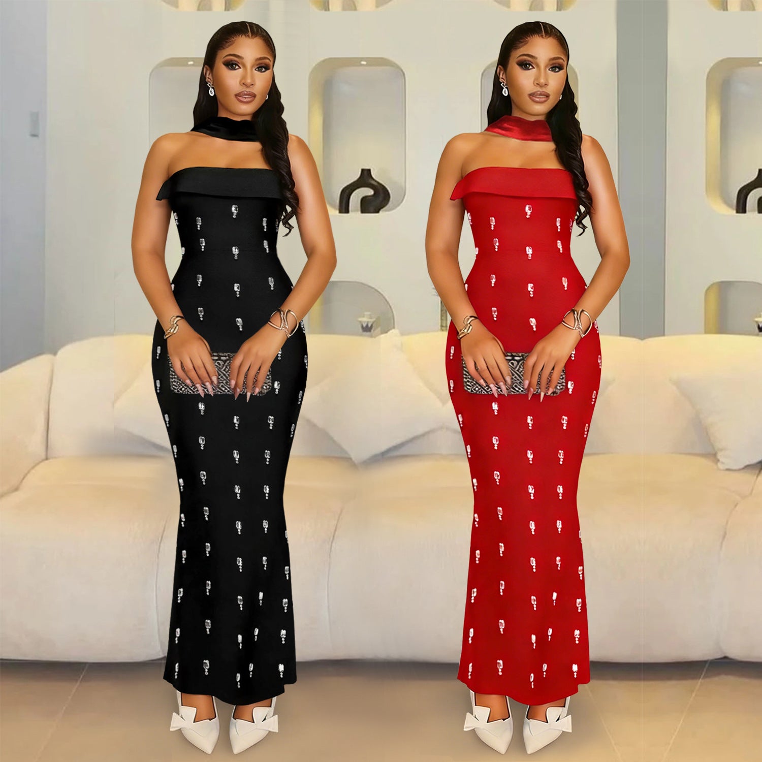 Elegant Strapless Embellished Ribbon Dress Set for Women Fashionable Two-Piece Outfit