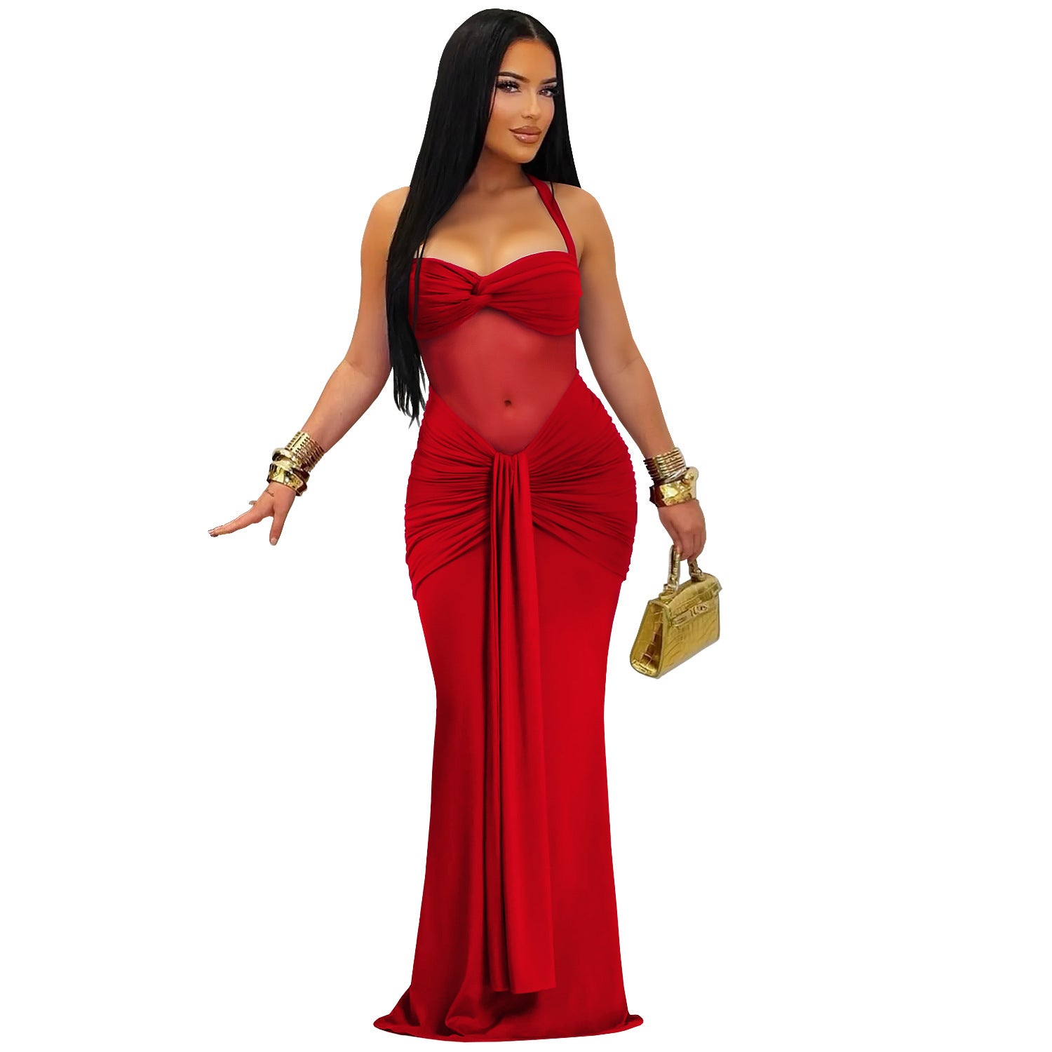 Fashion Women's Sexy Sheer Mesh Halter Tie-Back Dress