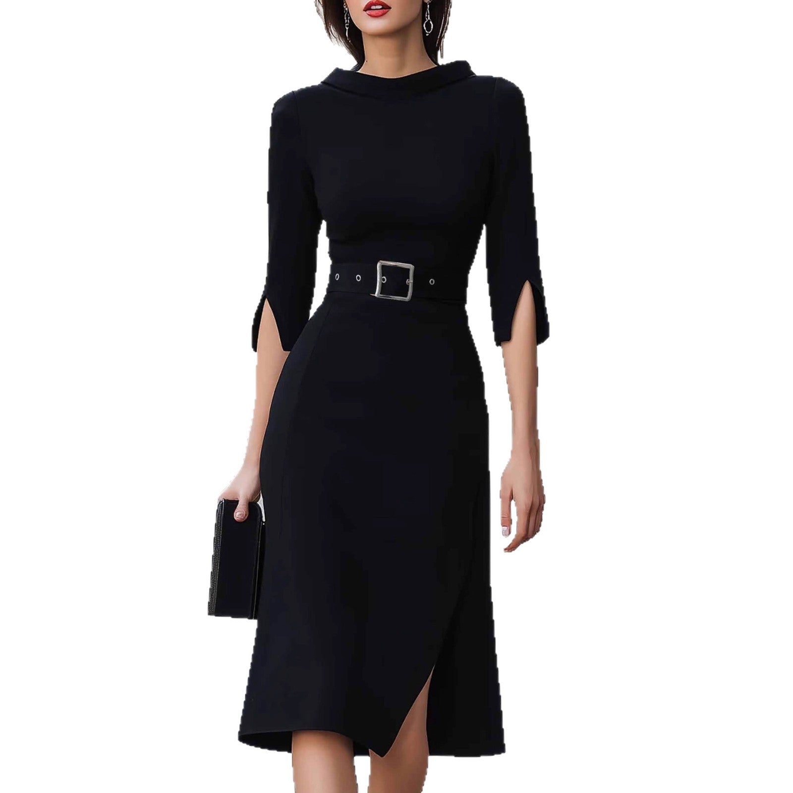 Elegant 3/4 Sleeve Split Midi Dress with Belt