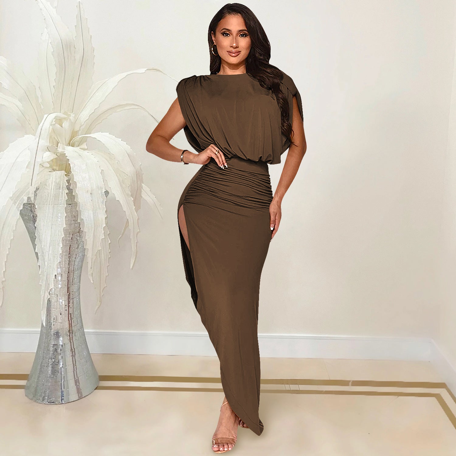 Fashion Solid Color Women's Round Neck Sleeveless Pleated Asymmetrical Slit Long Dress