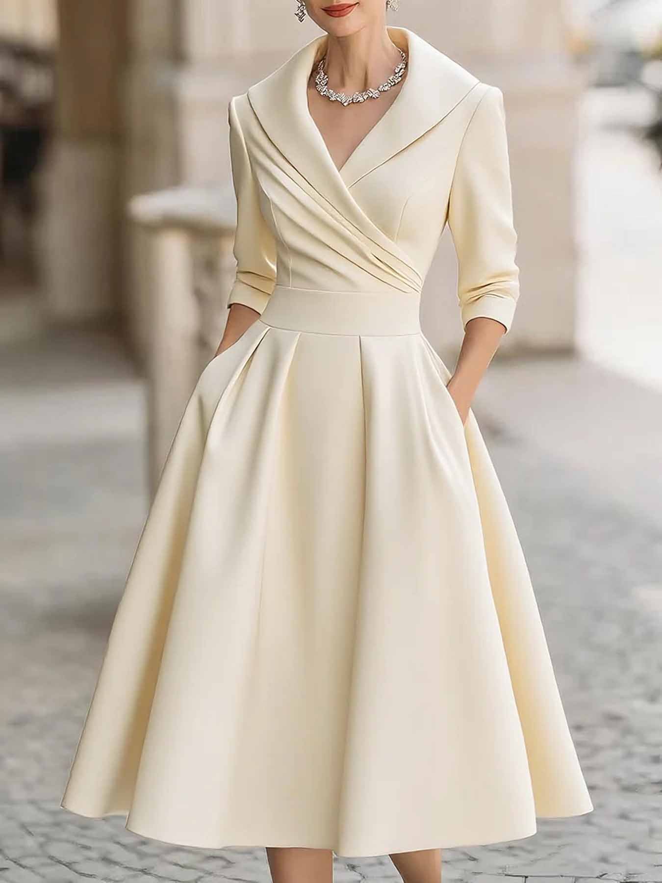 Elegant Satin Long Sleeve Belted Dress for Spring and Autumn